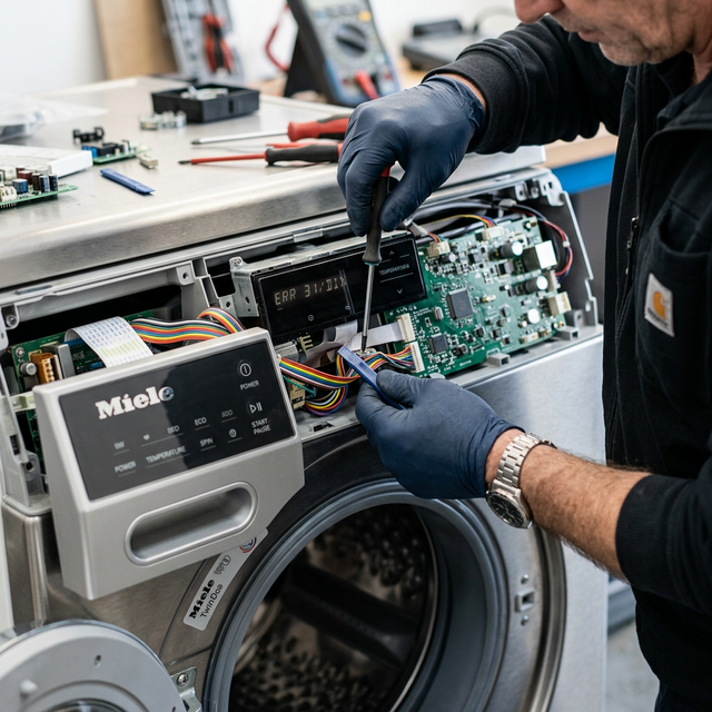 Washing machine repair service technician fixing control panel