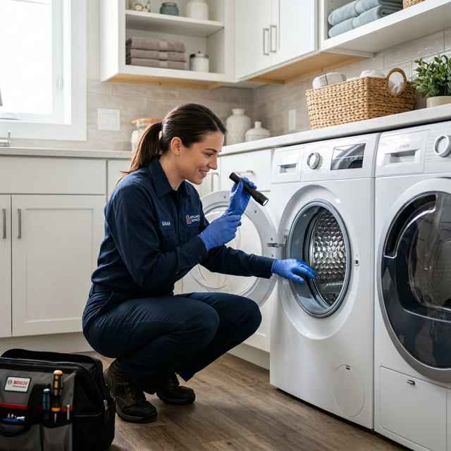 Washing machine technician inspecting drum