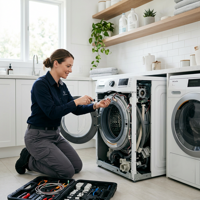 Washing machine technician repairing a unit